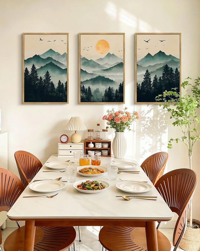PHOPAGO Mountain Landscape Fog Pine Tree Framed Wall Art Large Large 16x24in Watercolor Nature Misty Forest Artwork Paints Sun Rise Farmhouse Rustic Decor for Bedroom Living Room - Natural Framed
