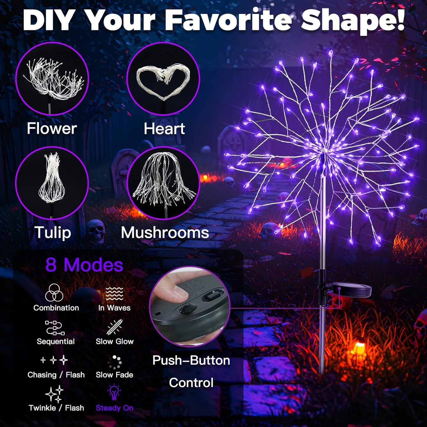 suddus 2 Pack Purple Halloween Lights Outdoor, 150LED Purple Solar Garden Lights with 8 Modes, Waterproof Solar Firework Light for Halloween Yard Garden Decorations