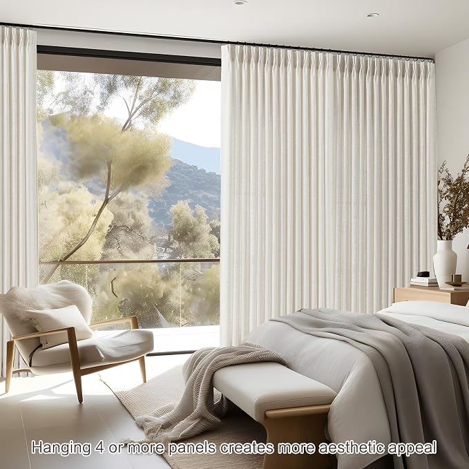 Extra Wide Pinch Pleated Linen Curtains for Living Room Sliding Glass Door 90 Inch Long, Natural Light Filtering Curtain Textured Thick Pleat Semi-Sheer Drapes with Hooks 70 Inch Width, 1 Panel
