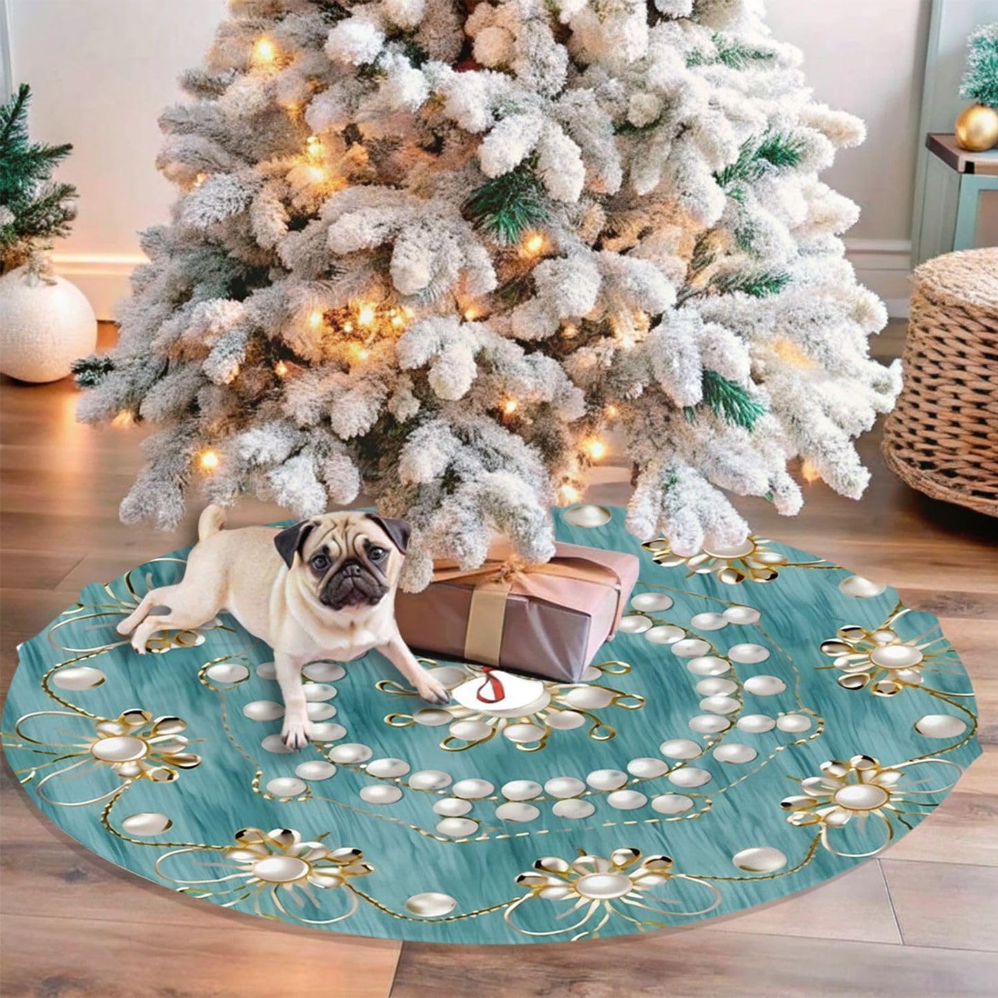 36" Christmas Tree Skirt with Elegant Aqua Pearl Christmas Angel Pattern Turquoise Tree Mat Base Cover for Xmas Festive Holiday Party Decoration Ornaments