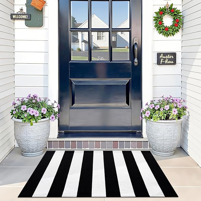 OLANLY Black and White Striped Rug 2' x 3' (24" x 36") – Washable Cotton Indoor Outdoor Doormat for Front Door, Entryway, Kitchen, Porch, Patio Decor