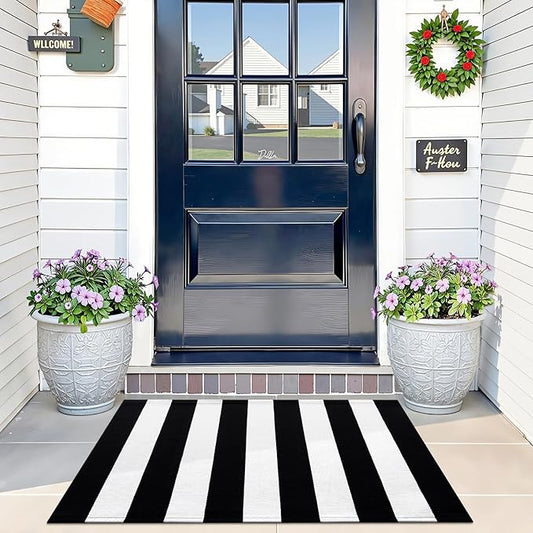 OLANLY Black and White Striped Rug 2' x 3' (24" x 36") – Washable Cotton Indoor Outdoor Doormat for Front Door, Entryway, Kitchen, Porch, Patio Decor
