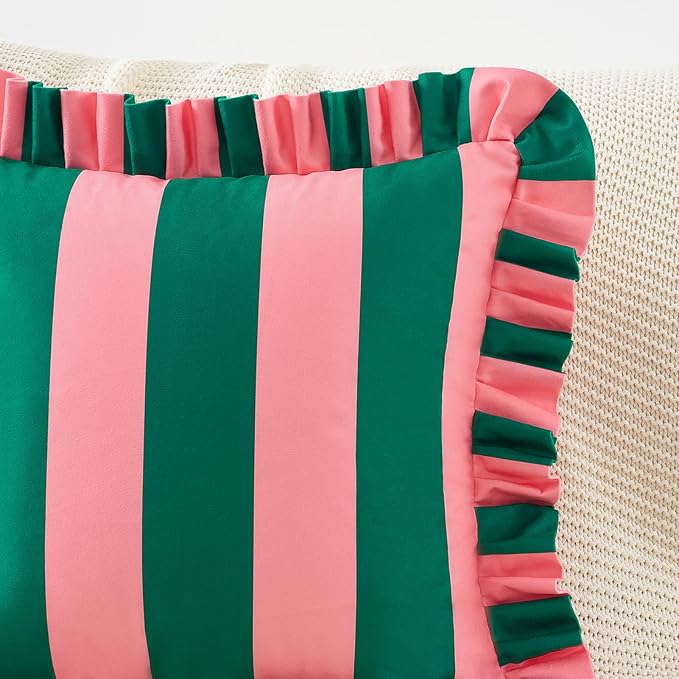 MONDAY MOOSE Decorative Throw Pillow Covers, Set of 2 Water-Resistant Striped Design with Ruffle Edge for Outdoor/Indoor Use, Pillow Inserts Not Included (20x20 inch, Pink/Dark Teal)