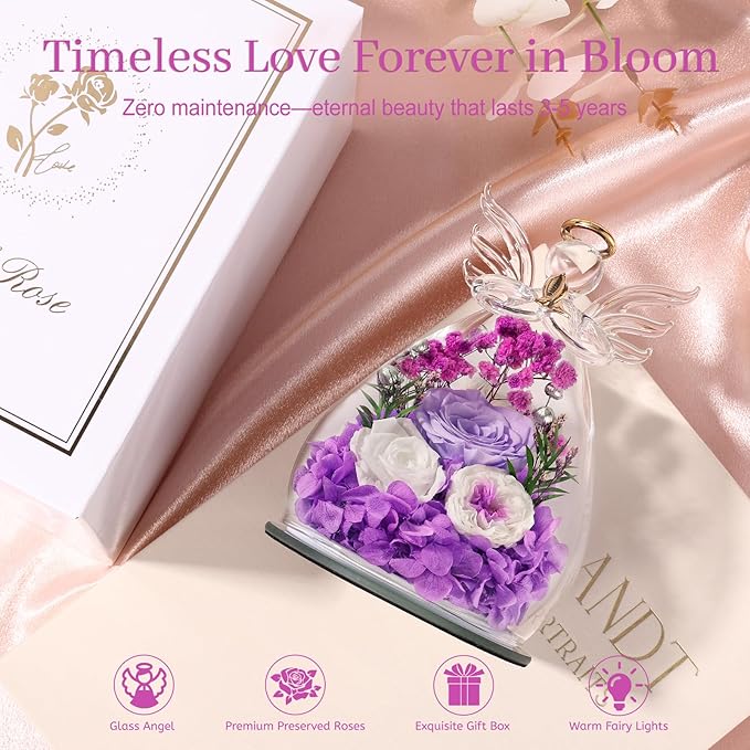 Bessol Gifts for Mom Birthday Flowers for Women Mothers Day Flowers for Delivery Preserved Roses Forever Flower in Glass Angel Figurines Fresh Eternal Rose for Grandma Wife Sister Daughter Friends