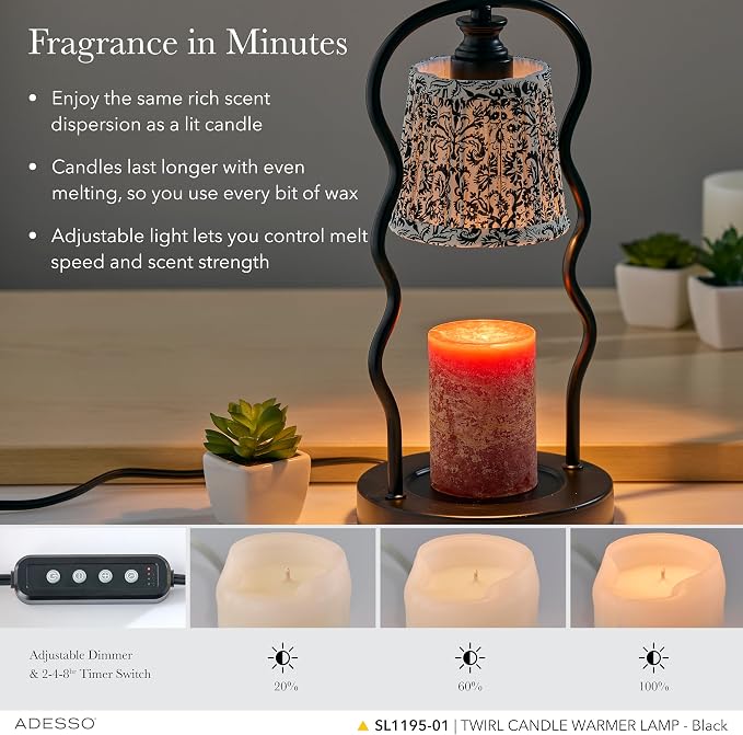 Candle Warmer Lamp – Flameless Candle Melter with Adjustable Timer & Dimmable Light, Bulb Included, Black & White Printed Shade, for Home, Dorm, or Office