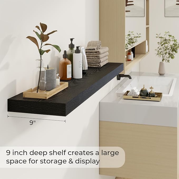 Dreamland 48Inch Black Floating Shelves 9.3" Deep Wall Mounted Set of 2 | Wall shelves for bathroom, bedroom, kitchen, deep wall mount wood storage display for home decor 48" x 9.3"