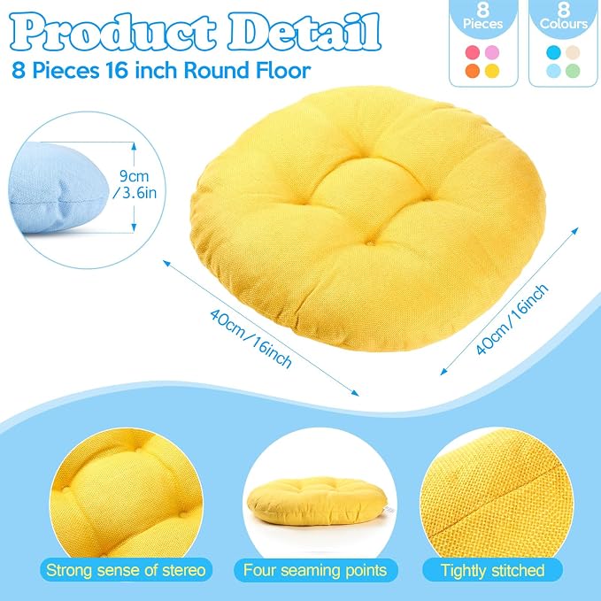 Fumete 8 Pcs 16 Inch Floor Cushions Pillow for Kids Bulk Classroom Round Flexible Seating Floor Cushions for Students Home Daycare School Reading Corner Yoga Meditation Picnic (Fresh Candy)