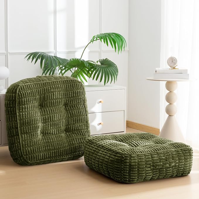 HIGOGOGO 8" Floor Pillow Cushion for Adults, Meditation Cushion Pillow, Blended Corduroy Cover, Large Square Floor Sitting for Tatami Living Room or Yoga, 2Pack, Dark Green
