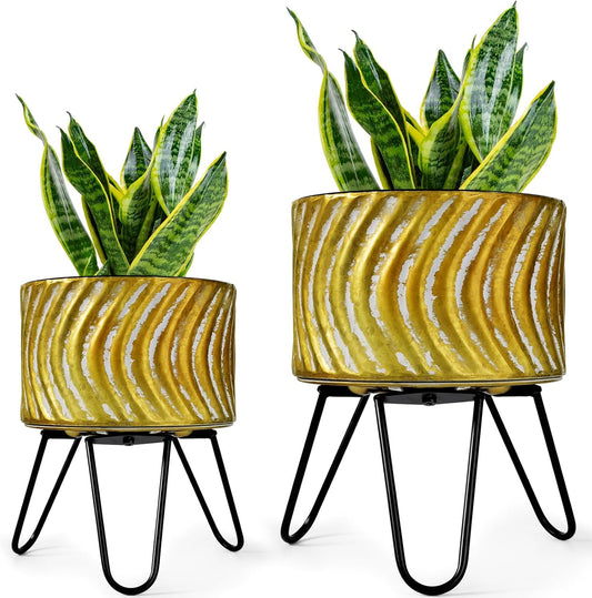 Harvest Land Plant Pots with Stand, Set of 2 Large Modern Planters Metal Tall Handmade Flower Pots with Drainage Holes Indoor Outdoor,Gold