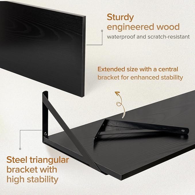 Acovy Deep Floating Shelves Wall Mounted, 55"x12" Black Wall Shelves with Brackets Set of 2 for Bedroom, Living Room, Bathroom, Kitchen, Office - Storage & Display Shelf for Decor, Books, Plants