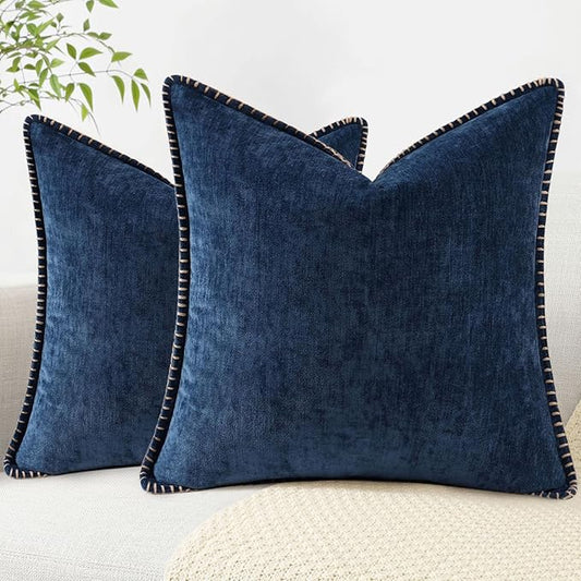 decorUhome Chenille Soft Cozy Throw Pillow Covers 20x20 Set of 2, Modern Farmhouse Boho Velvet Decorative Pillow Cases with Stitched Edge for Couch Sofa Bed Home Decor, Poseidon