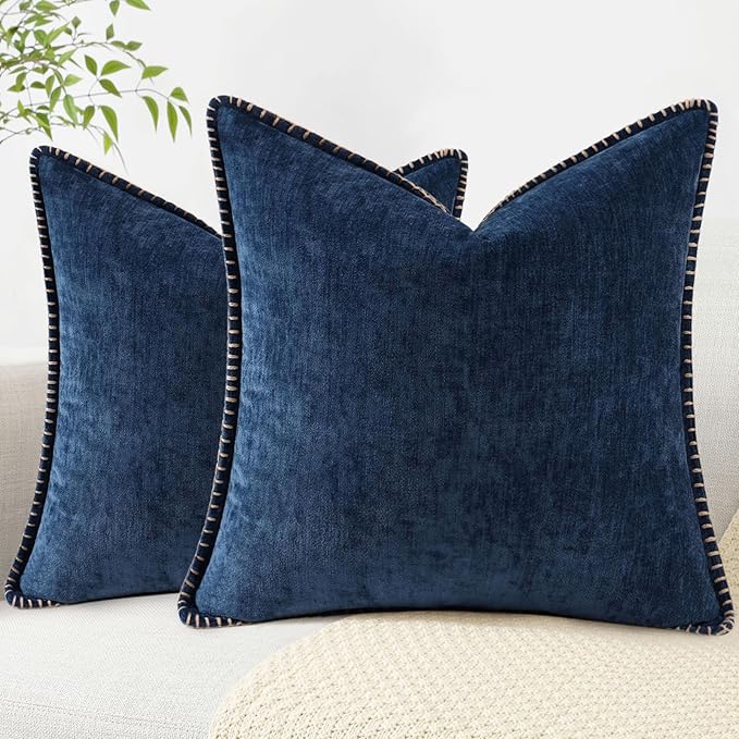 decorUhome Chenille Soft Cozy Throw Pillow Covers 18x18 Set of 2, Modern Farmhouse Boho Velvet Decorative Pillow Cases with Stitched Edge for Couch Sofa Bed Home Decor, Poseidon