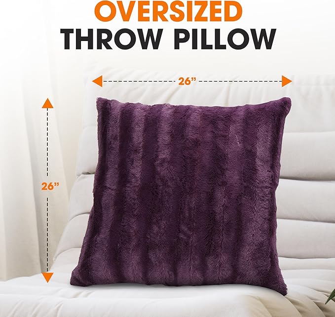 Cheer Collection Faux Fur Throw Pillows - Decorative Pillows for Couch, Bed Throw Pillows, Purple Accent Pillows for Bedroom or Living Room Aesthetic, Set of 2 Furry Throw Pillows, 26" x 26"