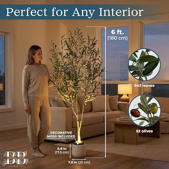 6ft Lifelike Artificial Olive Tree with Light, White Pot, Moss & LED | 943 Vein-Detailed Leaves · 52 Olives · 4ft Wired USB LED with Switch · Moss Included · Shapeable Branches · Zero Maintenance