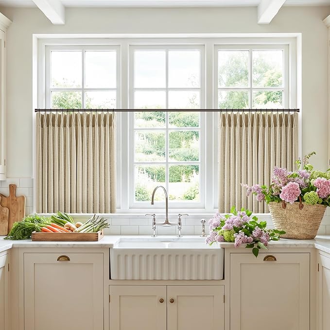 Oatmeal Pinch Pleated Kitchen Curtains 24 Inches Long 2 Panels Light Filtering Farmhouse Thick Linen Textured Cafe Pleat Curtain with Hooks Rings Back Tab Memory Trained Short Drapes for Dining Room