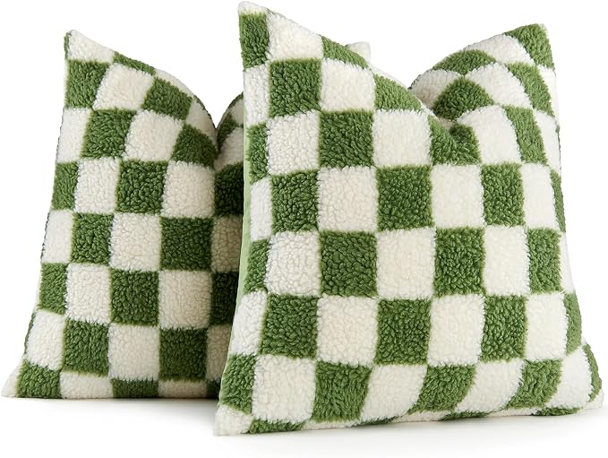 AmHoo Pack of 2 Decorative Throw Pillow Covers Checkerboard Luxury Super Soft Faux Fur Wool Set Case Cushion for Couch Sofa Bedroom 20 x 20-Inch Sage Green