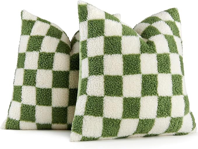 AmHoo Pack of 2 Decorative Throw Pillow Covers Checkerboard Luxury Super Soft Faux Fur Wool Set Case Cushion for Couch Sofa Bedroom 16 x 16-Inch Sage Green
