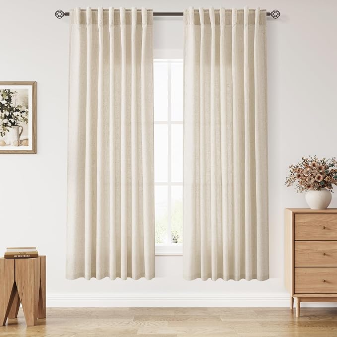 Nanspring Linen Curtains 70 Inch Length for Living Room Back Tab Semi Sheer Light Filtering Curtain Rod Pocket Rustic Boho Farmhouse Window Drapes for Bedroom 2 Panels Cream Beige,52x70