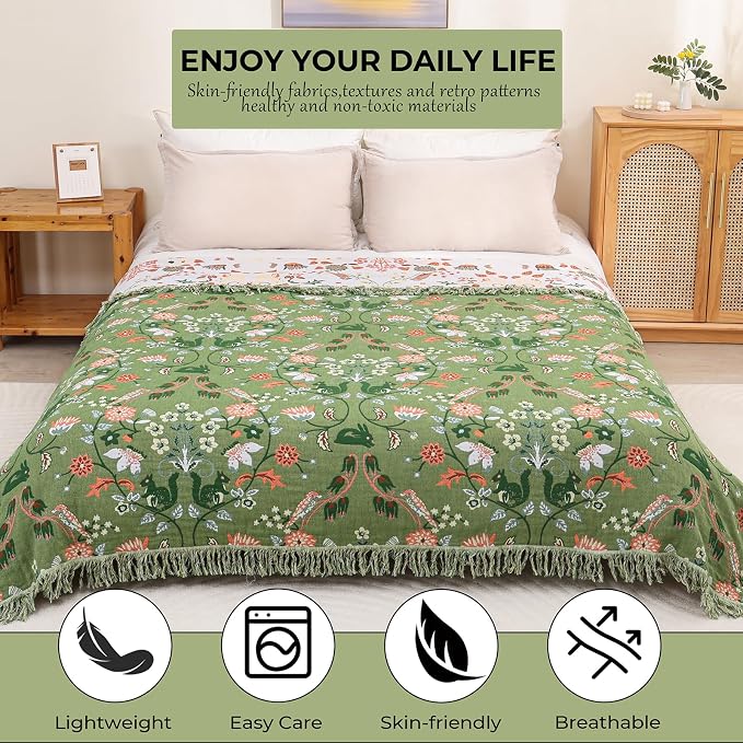 Boho Ultra Soft Throw Blanket 60''x80',100% Cotton Blankets for Couch Bed,Squirrel Farmhouse Home Decor Bed Blankets, All Season Rustic Reversible Bohemian Lightweight Throw for Bed -Light Green ﻿
