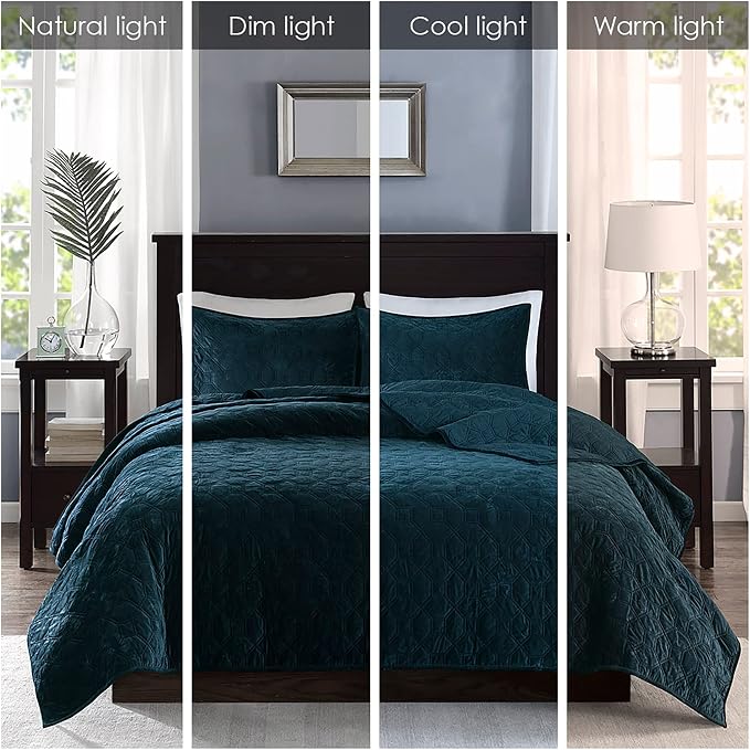 Madison Park Harper Quilt Set Velvet Casual Geometric Stitching Design All Season, Lightweight Coverlet, Cozy Bedding, Matching Shams, King/Cal King(104"x94"), Teal 3 Piece