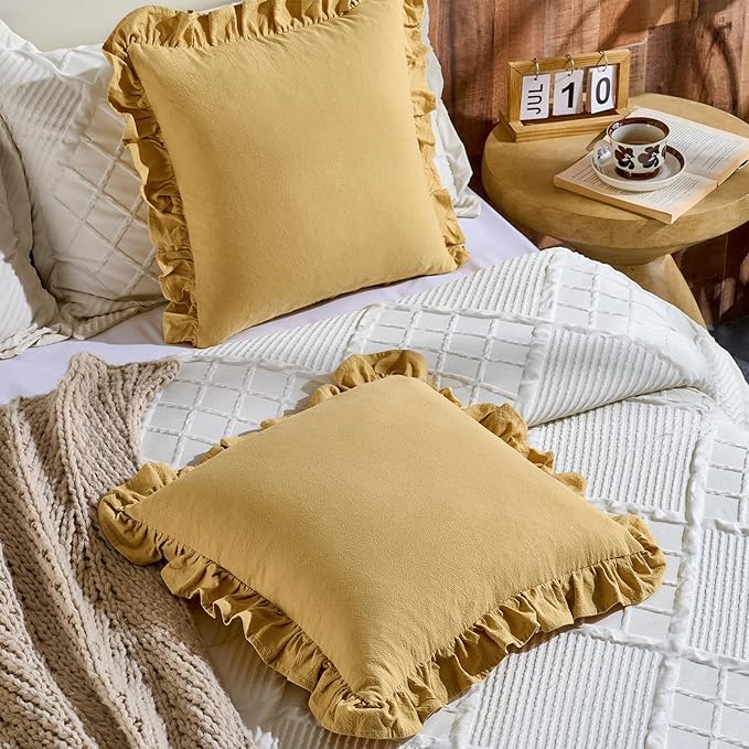 AmHoo Pack of 2 Throw Pillow Covers 100% Cotton Pre Washed Ruffle Decorative Pillowcase Cushion for Couch Sofa Bedroom 20 x 20-Inch Yarrow Yellow