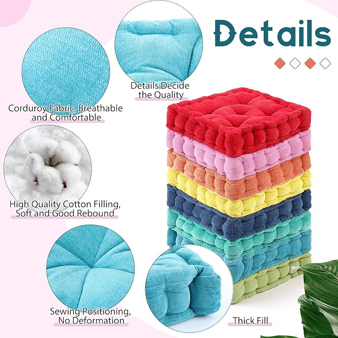 Jerify 8 Pcs Floor Pillow Cushions Large Round Square Large Meditation Floor Pillow for Classroom Adult Meditation Picnic Party Seating Learning Daycare School (Squares,Multicolored)