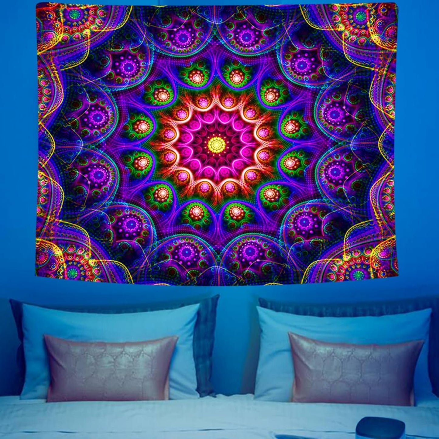 Blacklight Trippy Mandala Tapestry, Boho Black Light Posters for Adults UV Reactive Room Decor for Bedroom Wall (60 x 50 Inches)
