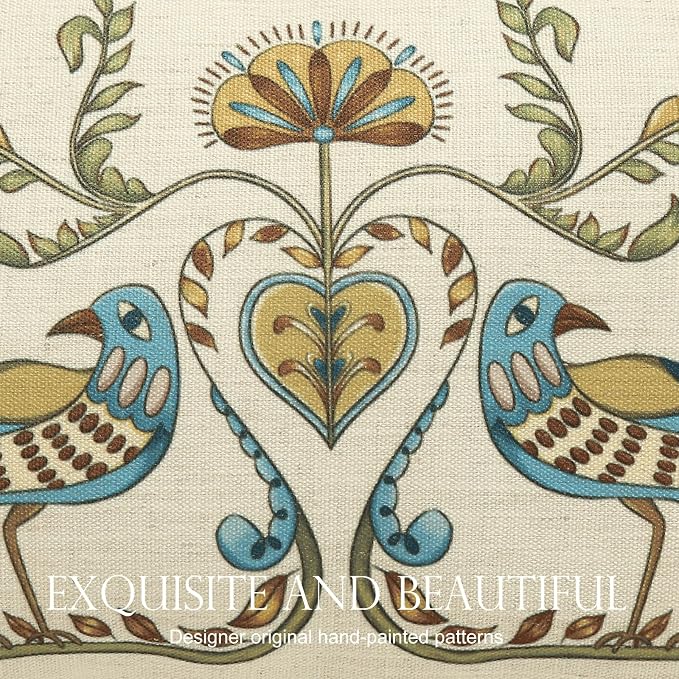 patdrea French Vintage Linen Throw Pillow Cover,12"x20",Set of 2-Wensel C | Decorative Pillow Case,Bird and Floral Pattern,Cushion Coverfor Couch Living Room Bedroom Sofa