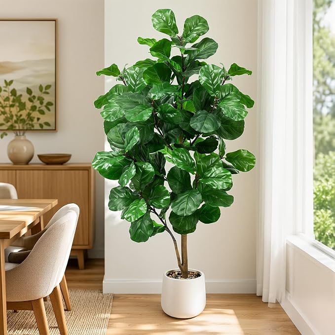 Faux Fiddle Leaf Fig Tree 6ft Tall Indoor Fake Tree in White Pot with 106 Leaves Artificial Ficus Lyrata House Plant for Indoor Home Office Bedroom Living Room Decor Perfect Housewarming Gift