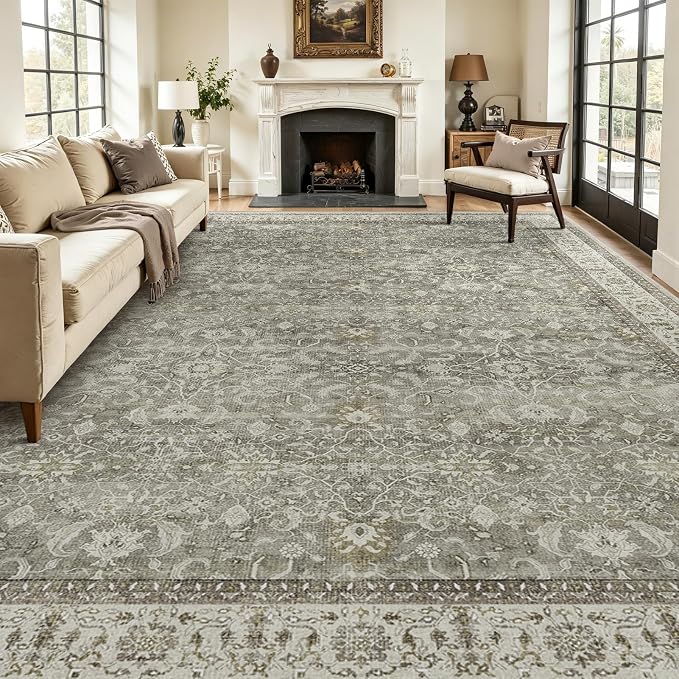 Neutral Gray Large Area Rugs 9x12 Living Room, Washable Non Slip Low Pile Big Carpet for Bedroom Dining Room, Modern Faromhouse French Print Decorative Rug for Family Room, Gray/Beige/Olive