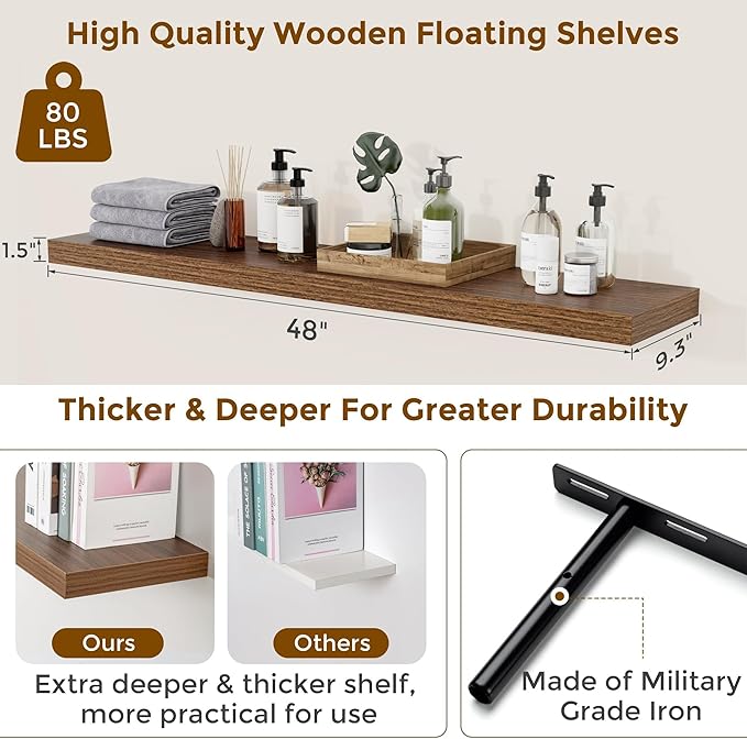 Floating Shelves for Wall, 48 inch Walnut Extra Long Floating Shelves, 9.3in Deep Wall Mounted Shelf, Wooden Shelves for Living Room, Bathroom, Kitchen, Office, Floating TV Stand, 2 Packs