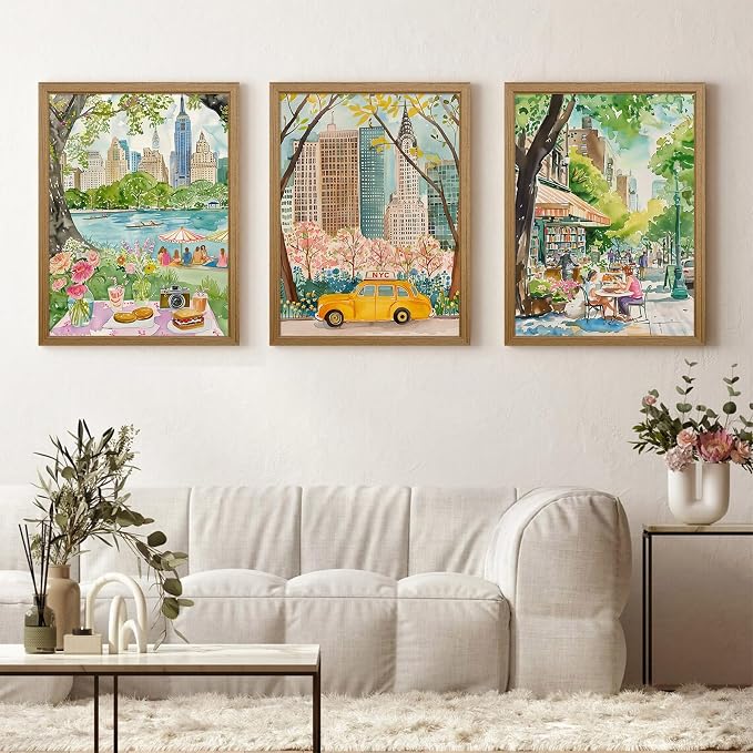 Watercolor New York City Wall Art Nyc Canvas Poster Travel Wall Decor Nyc Painting Central Park Picture New York Landmarks Artwork for Bedroom Living Room 16x24x3 Inch Wood Framed
