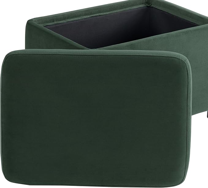 Studio Living Connor 24” Small Storage Ottoman with Reversible Tray Lid, Velvet Upholstered Footrest & Accent Bench, Hidden Storage, Metal Legs, Modern Boho Design, Green