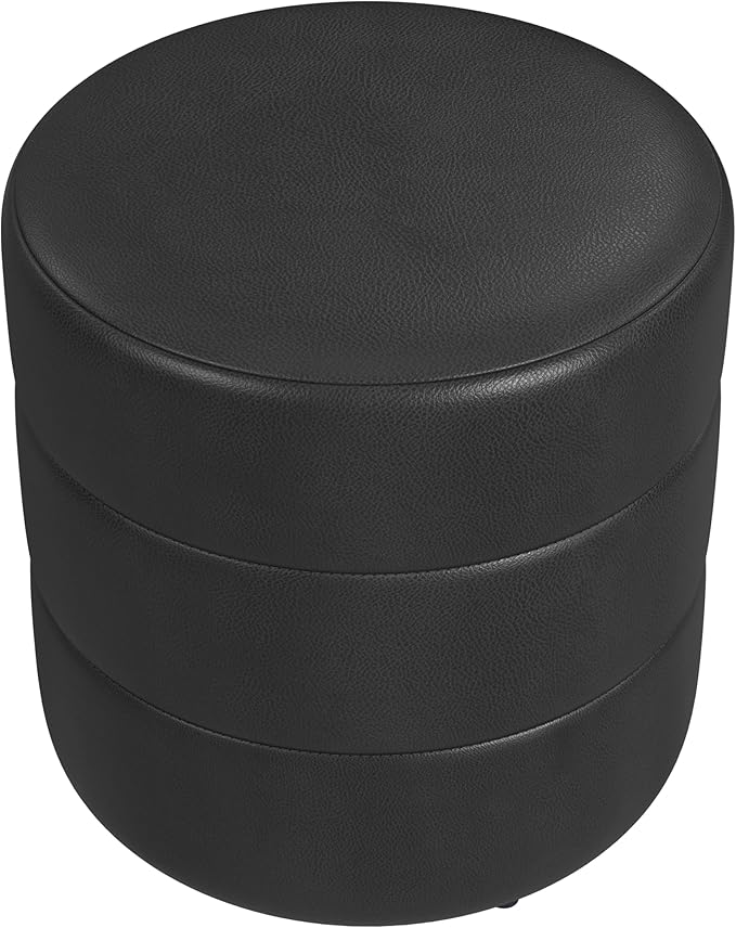 HomePop Upholstered Faux Leather Round Ottoman (No Lid, Seat Only) | HomePop Home Décor | Round Pouf Foot Rest – Black Faux Leather