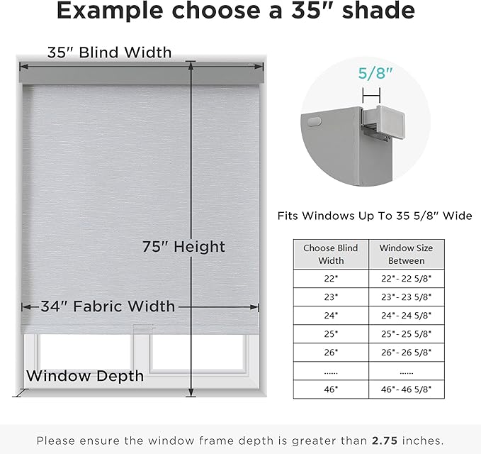 Joydeco No Drill No Tools Blackout Shades, Free-Stop Cordless Roller Shades, Thermal Insulated Blinds for Indoor Windows, Easy Install Window Blinds for Home and Office (Grey, 34" W X 75" H)