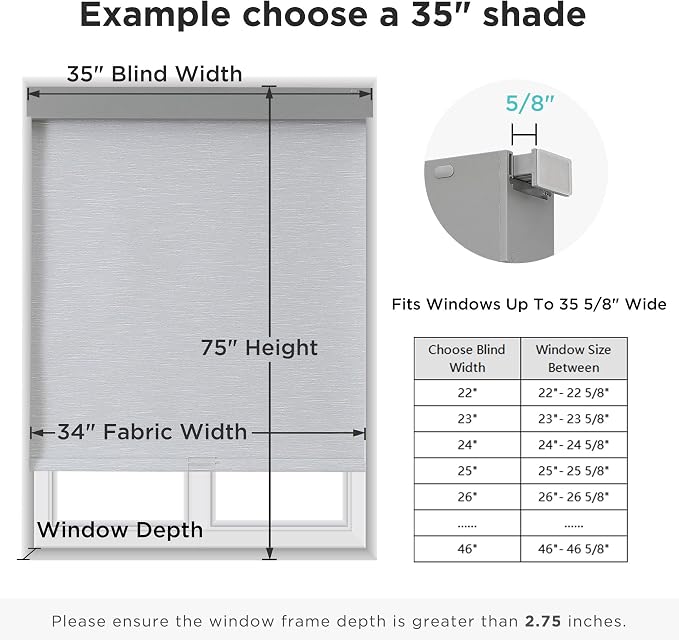 Joydeco No Drill Blackout Shades, Free-Stop Cordless Roller Shades, UV Protection, Thermal Insulated Blinds for Indoor Windows, Easy Install Window Blinds for Home and Office (Grey, 36" W x 75" H)