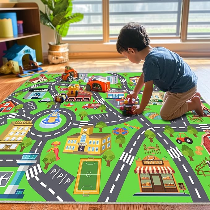 Kids Room Rug - Soft & Non-Slip 5x7 Ft Town Car Rug City Map Play Mat, Childrens Road Catpet Washable Rug for Classroom Nursery Bedroom Boys
