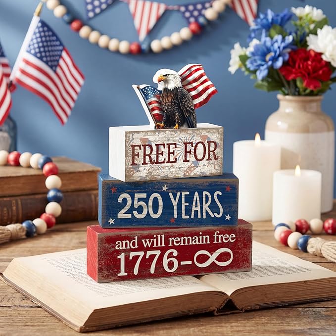 CroBlissful 4 Pcs 250th Anniversary 4th of July Decorations Patriotic Memorial Day Tabletop Decorations America Eagle Red White Blue Table Centerpieces USA Sign for Office Tiered Tray Home Shelf