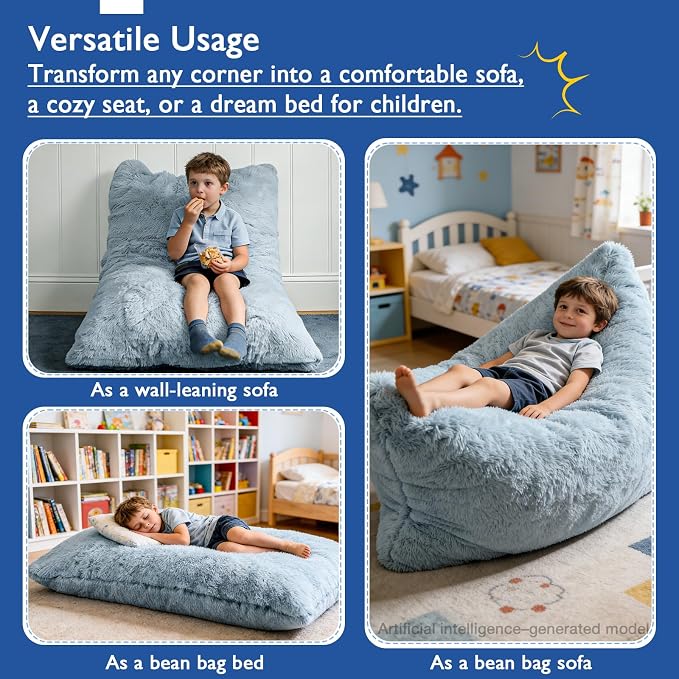 3 in 1 Kids Bean Bag Chair Bed, Kids Fluffy Stuffed Floor Pillow for Gaming and Reading, Ultra Soft Faux Fur Fabric Bean Bag Chairs to Lounger for Playroom, Living Room, Bedroom, Gray