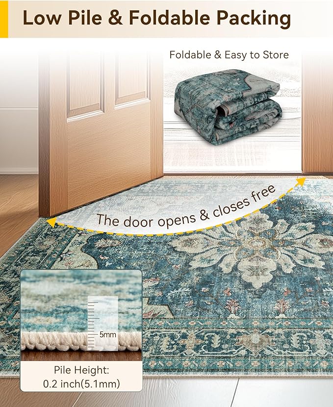 RELEANY Area Rugs 3'x6' Runner Rug Non Slip Washable for Kitchen Hallway Bedroom Beside Laundry Room Bathroom Rug, Floor Carpet, Dark Blue Vintage