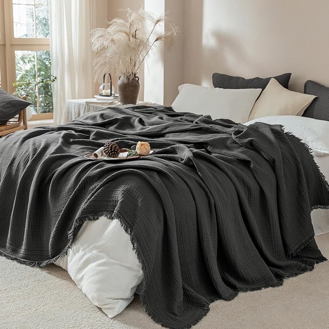 Muslin Fringe Blankets for Adults: 100% Cotton Cloud Soft | 4-Layer Gauze Breathable Lightweight All Season Throw Blanket for Bed Couch Sofa Office