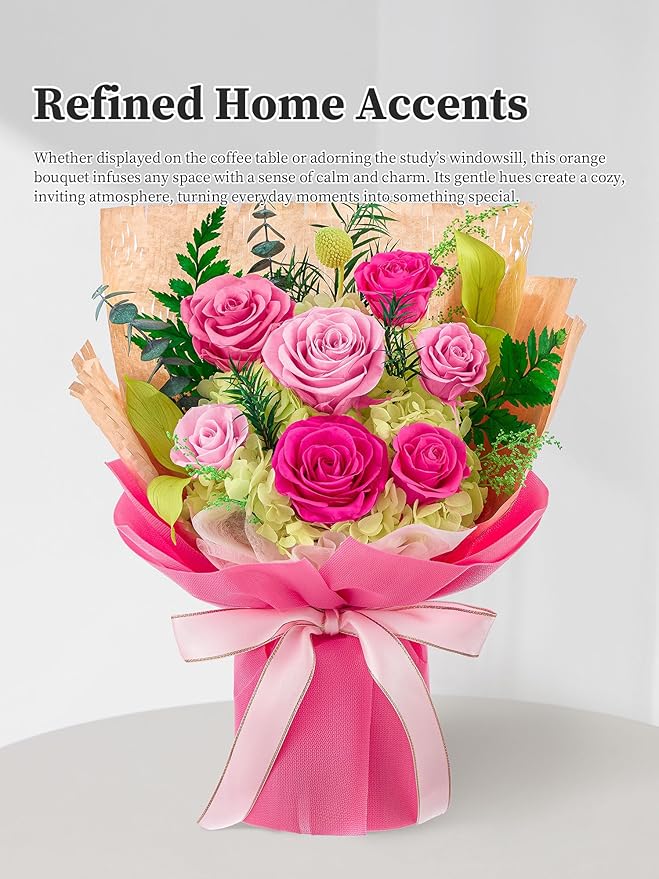 Flomoon Forever Flowers Gifts for Mom, Mothers Day Preserved Flowers Bouquet Birthday Gifts for Her, Preserved Roses for Grandma Wife Anniversary Valentines Day Christmas (7Roses, Hot Pink)