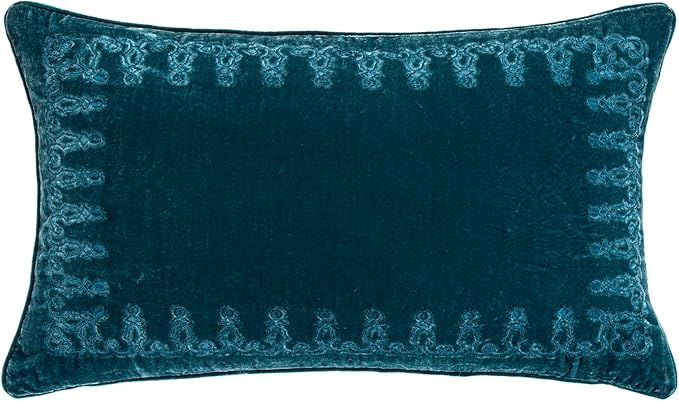 HiEnd Accents Stella Faux Silk Velvet Embroidered Lumbar Pillow, 14x24 inch, Teal, Romantic Western Modern Traditional Style Luxury Bedding, Decorative Throw Pillow