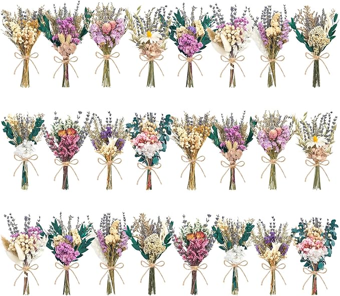 12/24PCS Handmade Dried Flower Bouquet with Stems Natural Dried Wildflowers 7.5 Inch Mini Dry Flowers for Vase Farmhouse Decor, Wedding Styling, Photography Props, Gift DIY(24pcs, Lavender)