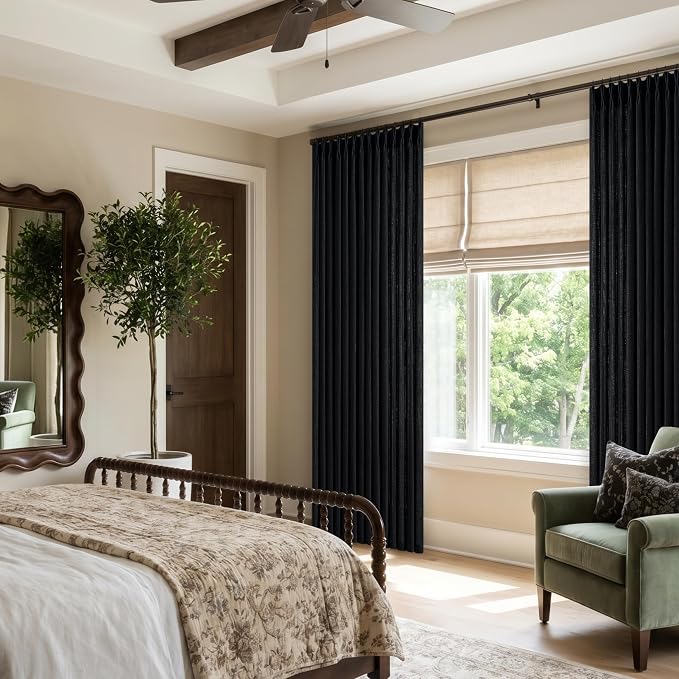 Black Pinch Pleated Linen Curtains 102 Inches Long 2 Panels Modern Light Filtering Sheer Thick Linen Drapes with Back Tab Living Dining Room Bedroom Semi Sheer Pinch Pleat Long Window Curtains 40x102