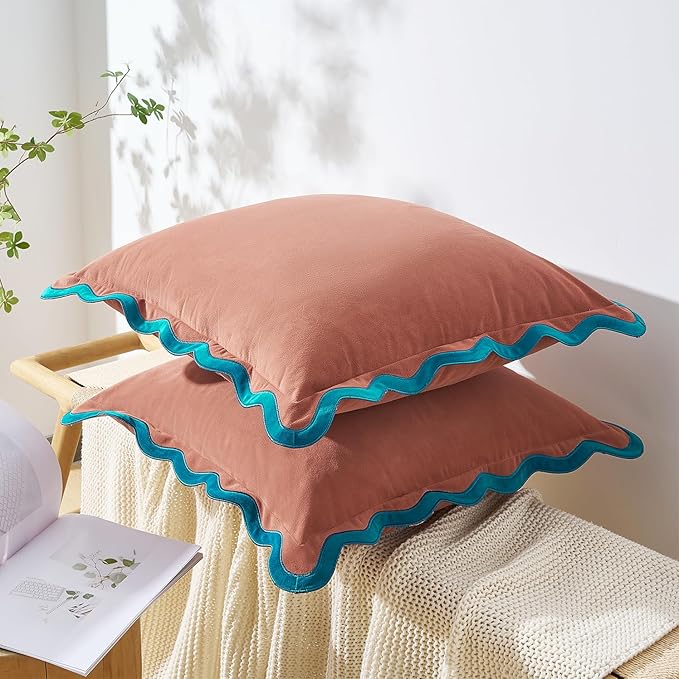 MONDAY MOOSE Decorative Throw Pillow Covers Cushion Cases, Set of 2 Soft Velvet Scalloped Wavy Edge Designs, Mix and Match for Home Decor, Pillow Inserts Not Included (18x18 inch, Teal/Pink)