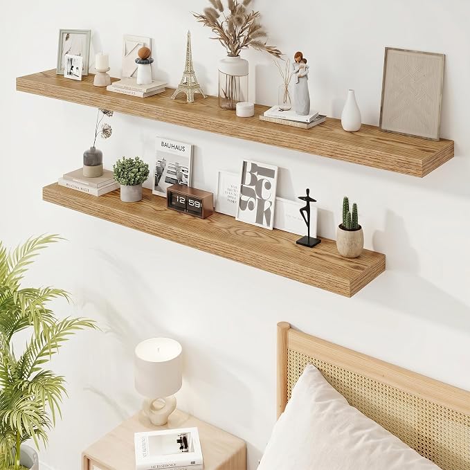 Marsmiles 55in Floating Shelves for Wall, 55" W x 9.25" D x 1.5" H, Long Wall Mounted Engineered Wood Shelves with Invisible Brackets for Living Room, Bedroom, Bathroom, Kitchen, Cedar, 2Pcs