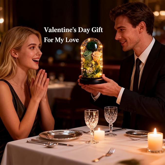 HipTree Preserved Morandi Green Rose in Glass Dome with LED Lights - Forever Eternal Rose Gifts for Women, Valentines Day Mothers Day Birthday Christmas Wedding Anniversary for Mom Wife Girlfriend