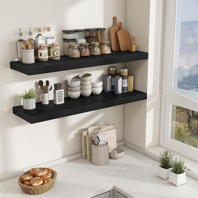 Fun Memories 48 Inch Floating Shelves for Wall - 12 Inch Deep Fireplace Mantel Shelf - Wood Floating Shelf for Wall - Large Storage Shelves Wall Mount for Living Room & Bedroom - Black - Set of 1