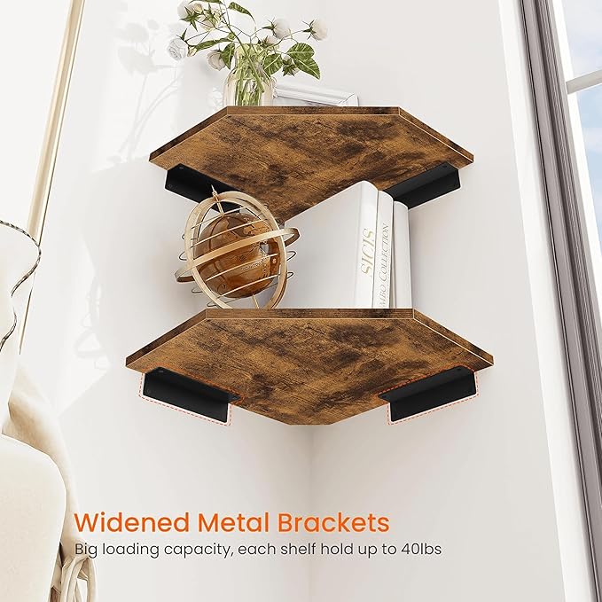 Homode Corner Shelf Wall Mount, Set of 4 Floating Corner Shelves with Cord Hole for Cable Box, Wood Corner Hanging Shelves for Bathroom Bedroom Kitchen, Rustic Brown